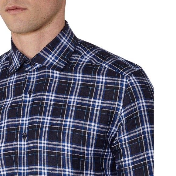 REISS Carzola-LS Linen Check Shirt in Midnight XS - Picture 2 of 4